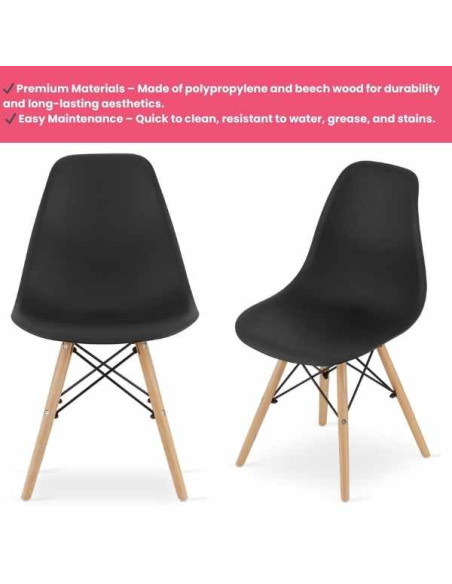Set 3 Scaune Acerenza, Stil Scandinav cu Picioare din Lemn de Fag, Cadru Metalic, Sezut PP, Maxim 100 Kg, 40 x 50 x 77 cm, Negru