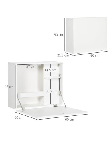 Birou de perete, suspendat, pliabil, MDF, cu raft, alb, max 40 kg, 60x21.5x50 cm