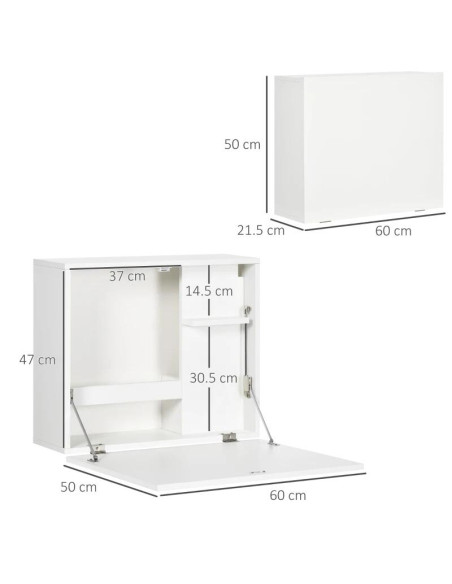 Birou de perete, suspendat, pliabil, MDF, cu raft, alb, max 40 kg, 60x21.5x50 cm