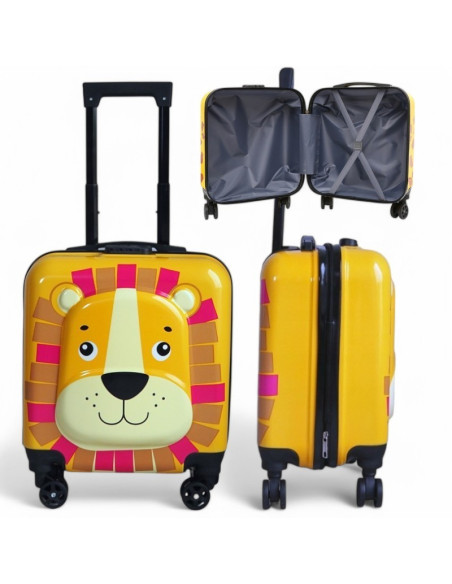Troler galben, tip valiza, copii, pentru bagaje, model leu, functie de blocare prin cifru, WP02