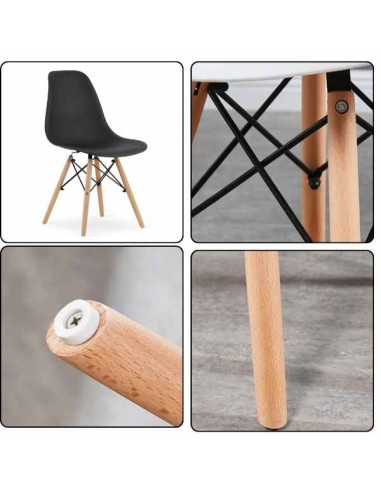 Set 3 Scaune Acerenza, Stil Scandinav cu Picioare din Lemn de Fag, Cadru Metalic, Sezut PP, Maxim 100 Kg, 40 x 50 x 77 cm, Negru