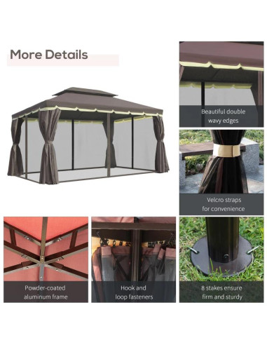 Pavilion/foisor pentru gradina/terasa, cadru aluminiu, cu plasa pentru insecte, cafeniu, 3.90x2.90x2.80 m