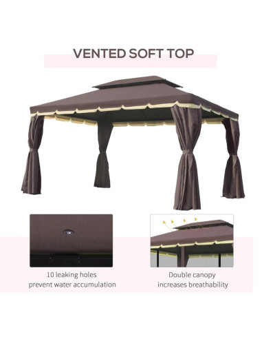 Pavilion/foisor pentru gradina/terasa, cadru aluminiu, cu plasa pentru insecte, cafeniu, 3.90x2.90x2.80 m