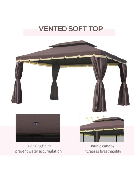 Pavilion/foisor pentru gradina/terasa, cadru aluminiu, cu plasa pentru insecte, cafeniu, 3.90x2.90x2.80 m