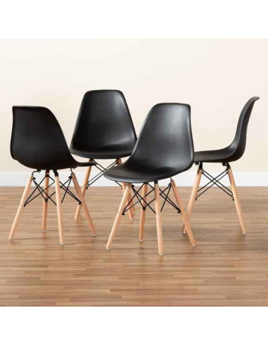 Set 3 Scaune Acerenza, Stil Scandinav cu Picioare din Lemn de Fag, Cadru Metalic, Sezut PP, Maxim 100 Kg, 40 x 50 x 77 cm, Negru