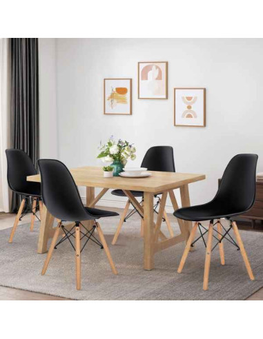 Set 3 Scaune Acerenza, Stil Scandinav cu Picioare din Lemn de Fag, Cadru Metalic, Sezut PP, Maxim 100 Kg, 40 x 50 x 77 cm, Negru