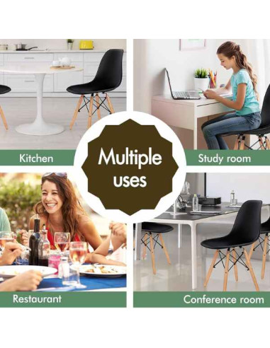 Set 3 Scaune Acerenza, Stil Scandinav cu Picioare din Lemn de Fag, Cadru Metalic, Sezut PP, Maxim 100 Kg, 40 x 50 x 77 cm, Negru