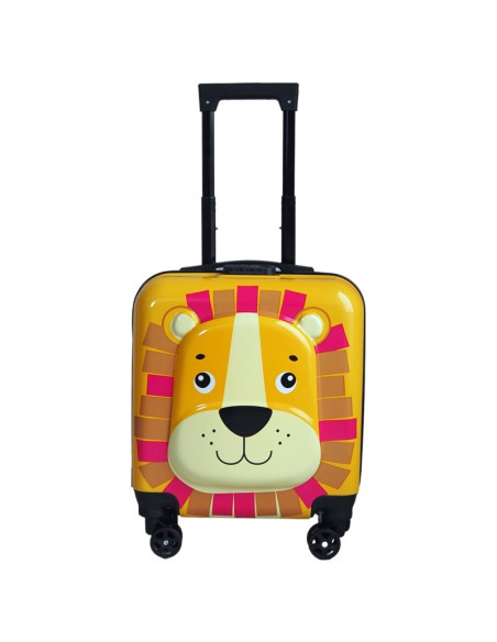 Troler galben, tip valiza, copii, pentru bagaje, model leu, functie de blocare prin cifru, WP02