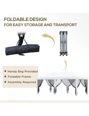 Pavilion/foisor pentru gradina/terasa, cadru metalic, cu plasa pentru insecte, alb si negru, 5.85x2.95x2.70 m