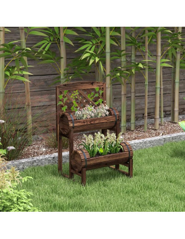 Jardiniera decorativa cu suport pentru plante cataratoare, lemn, 2 nivele, tip butoi, 49x42x80 cm