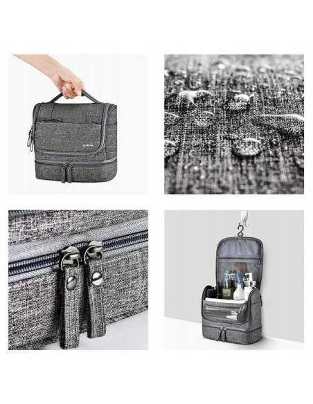 Geanta pentru cosmetice/accesorii baie, Soulima, impermeabila, cu agatatoare, gri, 24.5x13.5x21 cm