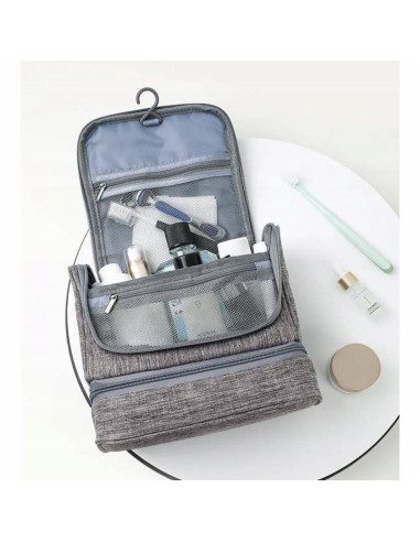 Geanta pentru cosmetice/accesorii baie, Soulima, impermeabila, cu agatatoare, gri, 24.5x13.5x21 cm