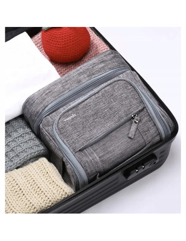 Geanta pentru cosmetice/accesorii baie, Soulima, impermeabila, cu agatatoare, gri, 24.5x13.5x21 cm