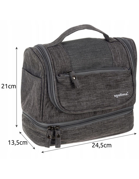 Geanta pentru cosmetice/accesorii baie, Soulima, impermeabila, cu agatatoare, gri, 24.5x13.5x21 cm