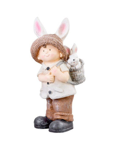 Decoratiune gradina, MagicHome, ceramica, baiat cu iepuras, 23.5x18x48 cm