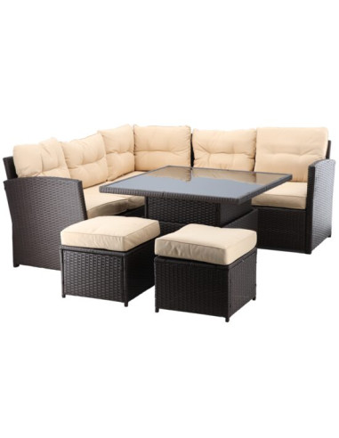 Set mobilier gradina/terasa, poliratan, maro si crem, 1 masa, 2 tabureti, 1 canapea colt, Chomik, Cassy