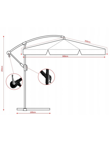 Umbrela gradina/terasa cu LED, Chomik, cu manivela, articulatie tip banana, bej, 300 cm