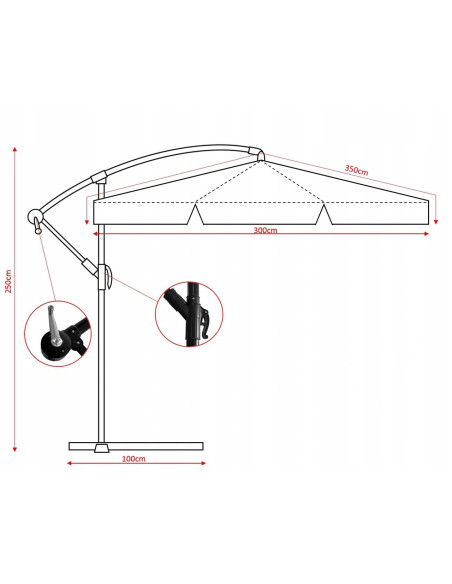 Umbrela gradina/terasa cu LED, Chomik, cu manivela, articulatie tip banana, bej, 300 cm