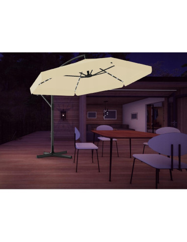 Umbrela gradina/terasa cu LED, Chomik, cu manivela, articulatie tip banana, bej, 300 cm