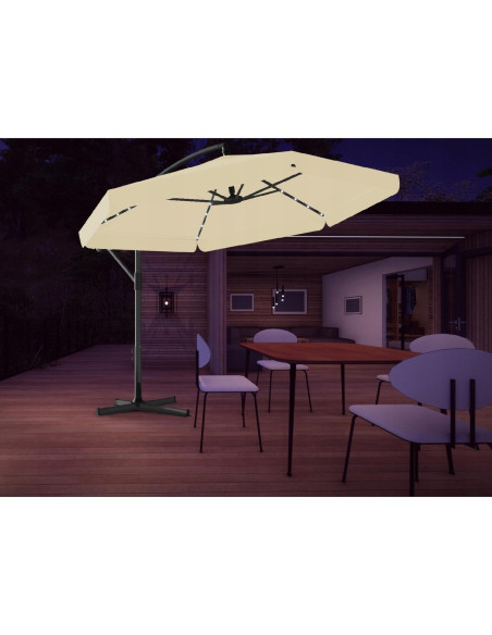 Umbrela gradina/terasa cu LED, Chomik, cu manivela, articulatie tip banana, bej, 300 cm