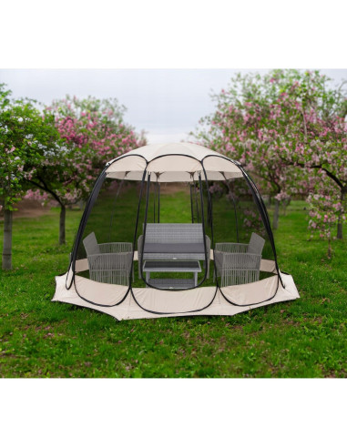 Pavilion tip cort pentru gradina, cadru otel, plasa poliester, bej si gri, 3.60x3.60x2.35 m, Jumi