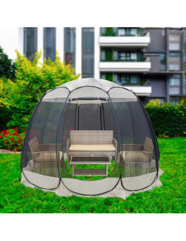 Pavilion tip cort pentru gradina, cadru otel, plasa poliester, bej si gri, 3.60x3.60x2.35 m, Jumi