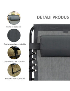 Sezlong pentru gradina, metalic, reglabil, cu tetiera, buzunar lateral, gri, 185x58x30 cm, Chan 2