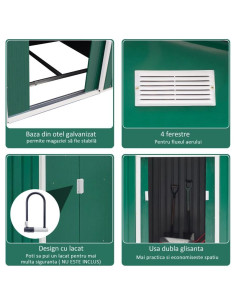 Casuta/magazie/sopron de gradina pentru depozitare unelte, cu structura baza inclusa, otel si PP, verde, 277x195x192 cm 2