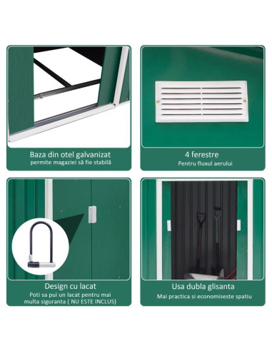 Casuta/magazie/sopron de gradina pentru depozitare unelte, cu structura baza inclusa, otel si PP, verde, 277x195x192 cm