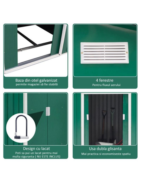 Casuta/magazie/sopron de gradina pentru depozitare unelte, cu structura baza inclusa, otel si PP, verde, 277x195x192 cm