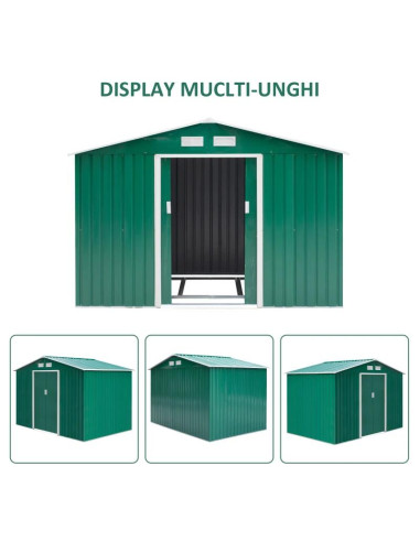 Casuta/magazie/sopron de gradina pentru depozitare unelte, cu structura baza inclusa, otel si PP, verde, 277x195x192 cm