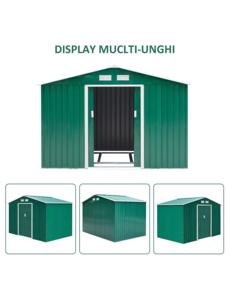 Casuta/magazie/sopron de gradina pentru depozitare unelte, cu structura baza inclusa, otel si PP, verde, 277x195x192 cm