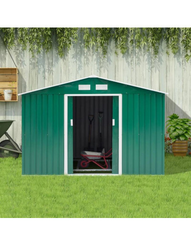 Casuta/magazie/sopron de gradina pentru depozitare unelte, cu structura baza inclusa, otel si PP, verde, 277x195x192 cm