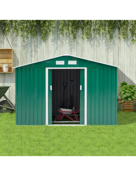 Casuta/magazie/sopron de gradina pentru depozitare unelte, cu structura baza inclusa, otel si PP, verde, 277x195x192 cm