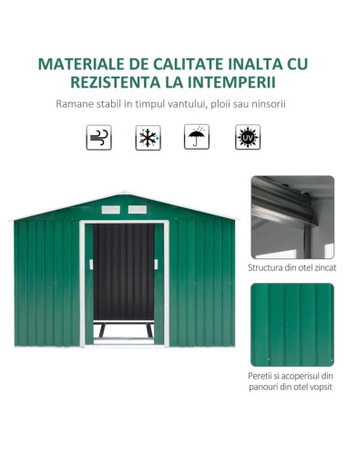 Casuta/magazie/sopron de gradina pentru depozitare unelte, cu structura baza inclusa, otel si PP, verde, 277x195x192 cm