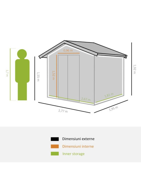 Casuta/magazie/sopron de gradina pentru depozitare unelte, cu structura baza inclusa, otel si PP, verde, 277x195x192 cm