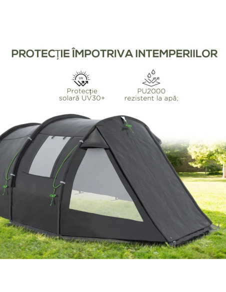 Cort camping, 3-4 persoane, impermeabil, cu vestibul, negru, 475x264x172 cm
