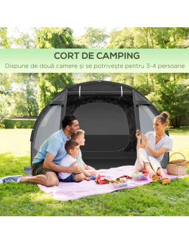 Cort camping, 3-4 persoane, impermeabil, cu vestibul, negru, 475x264x172 cm