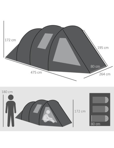 Cort camping, 3-4 persoane, impermeabil, cu vestibul, negru, 475x264x172 cm