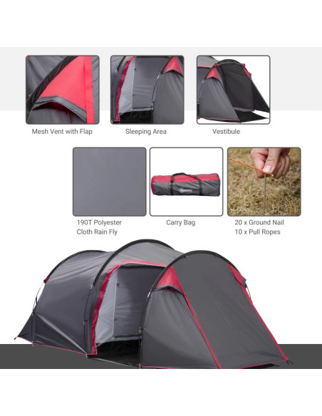Cort camping, 2 persoane, impermeabil, cu vestibul, geanta, gri, 426x206x154 cm
