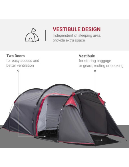 Cort camping, 2 persoane, impermeabil, cu vestibul, geanta, gri, 426x206x154 cm