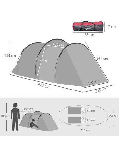 Cort camping, 2 persoane, impermeabil, cu vestibul, geanta, gri, 426x206x154 cm
