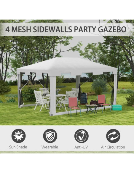 Pavilion/foisor pentru gradina/terasa, cadru metalic, cu plasa de tantari, alb si negru, 3.95x2.95x2.55 m