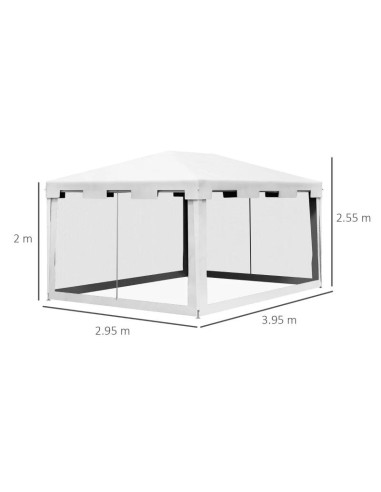 Pavilion/foisor pentru gradina/terasa, cadru metalic, cu plasa de tantari, alb si negru, 3.95x2.95x2.55 m