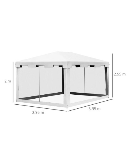 Pavilion/foisor pentru gradina/terasa, cadru metalic, cu plasa de tantari, alb si negru, 3.95x2.95x2.55 m