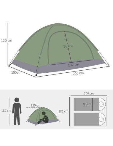 Cort camping, 2 persoane, cu geanta, verde, 206x185x120 cm