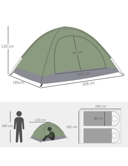 Cort camping, 2 persoane, cu geanta, verde, 206x185x120 cm