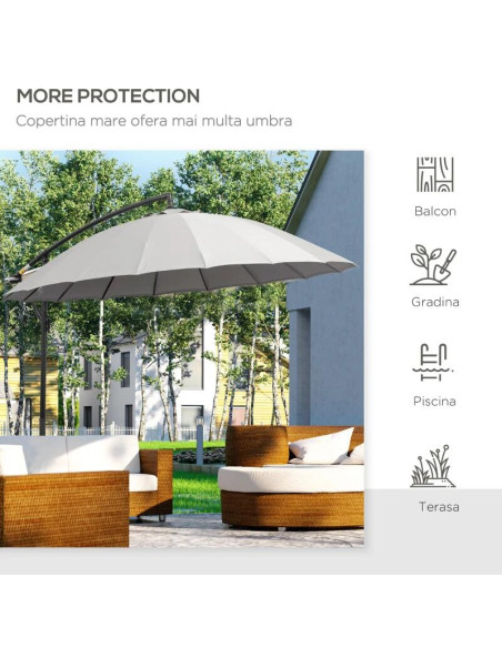 Umbrela gradina/terasa, articulatie tip banana, cu manivela, gri, 296 cm