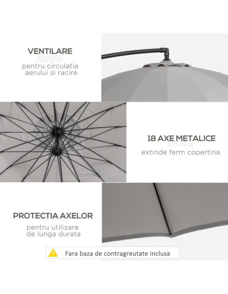 Umbrela gradina/terasa, articulatie tip banana, cu manivela, gri, 296 cm