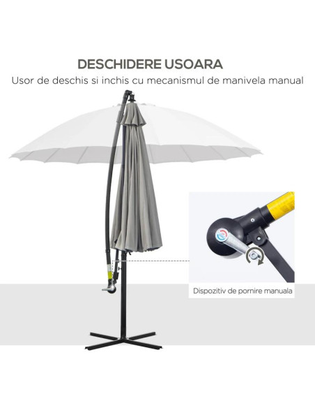 Umbrela gradina/terasa, articulatie tip banana, cu manivela, gri, 296 cm